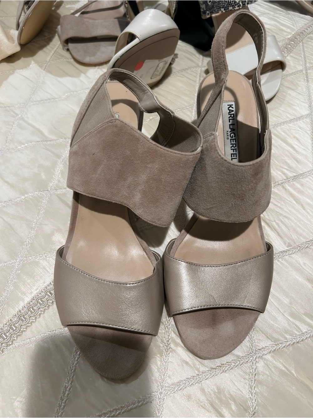 Karl Lagerfeld Taupe Suede and Metallic Leather Slingback Sandals Size:10